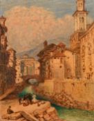 19th Century, a view of figures by a river in an Italian town, oil on board, 7