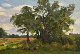 Alexandr Gusarevich (1908-1970), mature trees in a landscape, oil on board, signed and dated 50, 11