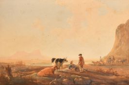 19th Century, figures and cattle in an extensive landscape, watercolour, 13.5