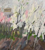 20th Century Russian School, a garden scene with trees in blossom, oil on canvas, 26