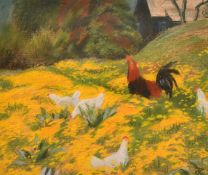 Yuri Kruglov (b. 1947), Chickens in a field, watercolour and bodycolour, signed with initials, 14