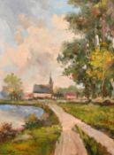 J. Rowe, 20th Century, a lakeside path leading to a church, oil on canvas, signed, 17