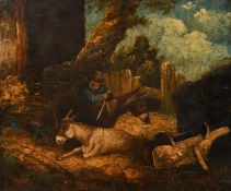 Circle of Morland, figure and two donkeys in a landscape, oil on panel, 11.75
