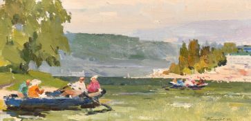 Yakov Guslistyi, (1914-1972), figures in boats on a broad river, oil on board, signed and dated