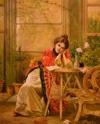 D. Teniers, 20th Century, female figure with a love letter, oil on canvas, signed, 24