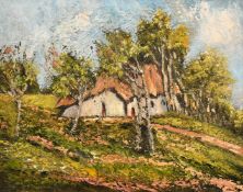 Early 20th Century, country cottage on a tree-lined path, oil on canvas, 16