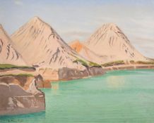 Robert Morson Hughes (1873-1953), a coastal view with mountains nearby, oil on board, signed, 13