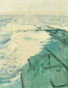Peter Knox (b. 1942), 'Biscay', waves crashing over the bow of a tanker, oil on canvas, inscribed