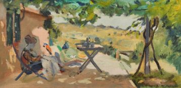 Pier Luigi Baffoni (b. 1932), seated figure beneath a pergola, oil on board, signed, 12