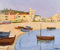 Kaposy, Circa 1967, boats moored at Platja de Banes, oil on canvas, signed and dated, 20