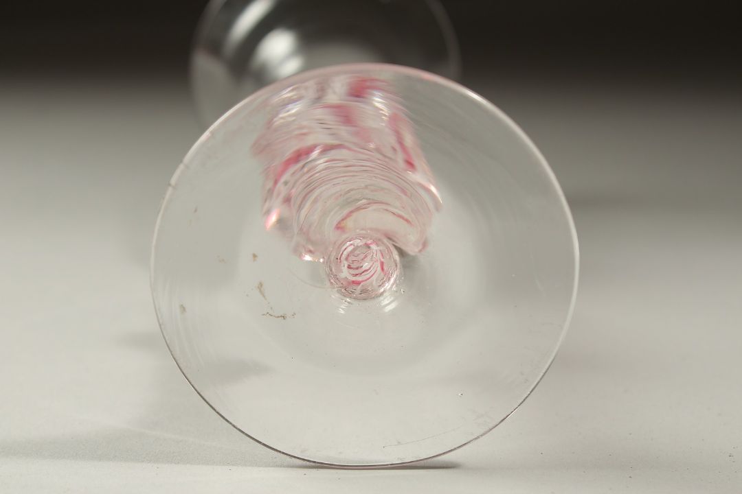 A DUTCH WINE GLASS with inverted bell bowl and coloured twist stem and knop. 6.5ins high. - Image 3 of 3