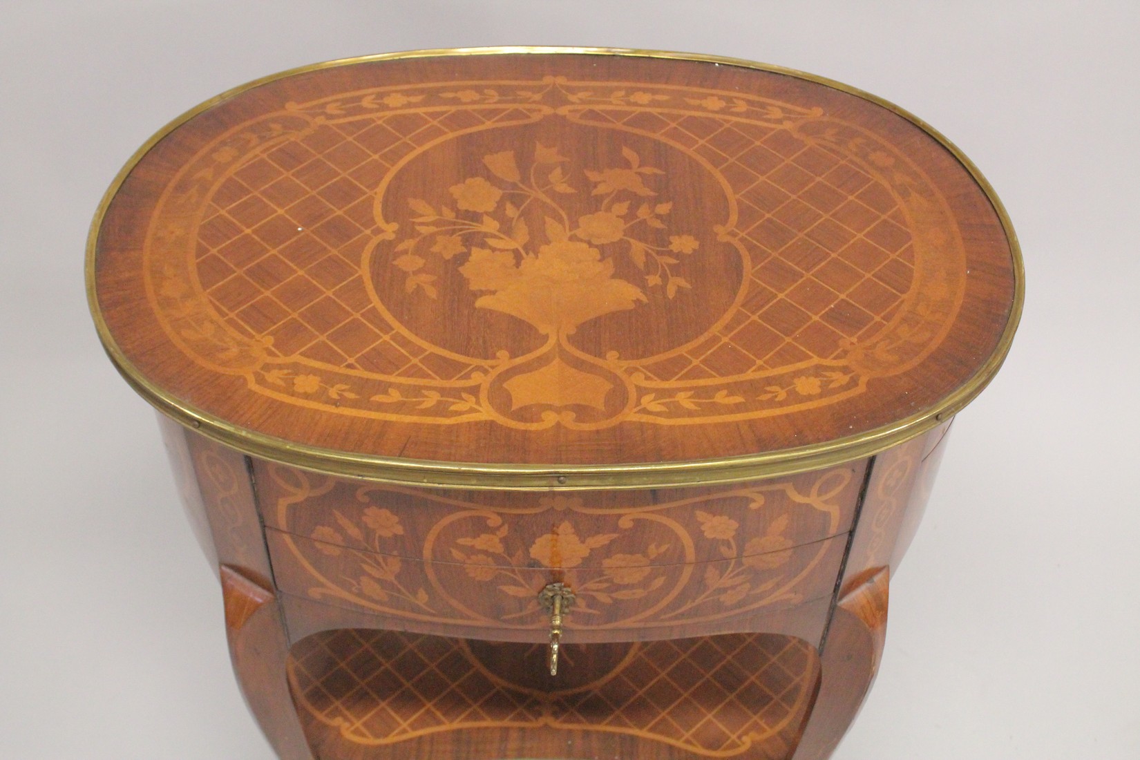 A GOOD LOUIS XVITH DESIGN OVAL INLAID CHEST with single drawer and under tier, on curving legs. - Image 2 of 2
