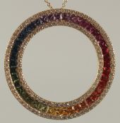 AN 18CT YELLOW GOLD MULTI SAPPHIRE, DIAMOND AND CITRINE PENDANT AND CHAIN.