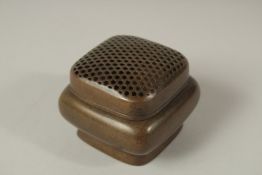 A CHINESE SQUARE BRONZE CENSER AND COVER. Signed. 6cms.