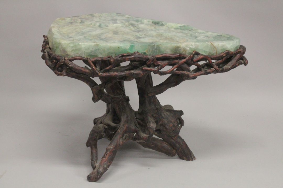 A SUPERB MARBLE TOP TABLE with rustic wooden base. 2ft 4ins long, 1ft 10ins wide at the longest - Image 6 of 6