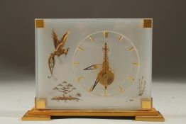 A VERY GOOD JAEGER LECOULTRE CLOCK with a bird and Chinese design. No. 350. 6.25cms high x 8.5cms