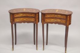 A PAIR OF LOUIS XVITH DESIGN INLAID KIDNEY SHAPED BEDSIDE TABLES with two drawers, on curving