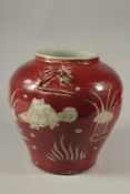 A CHINESE RED POTTERY BULBOUS VASE decorated with fish. 24cms high.