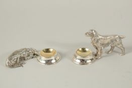 TWO PLATED DOG BOWLS. 4ins long.