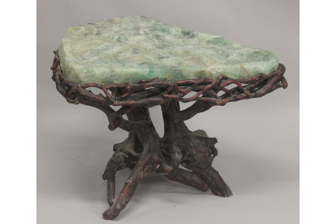 A SUPERB MARBLE TOP TABLE with rustic wooden base. 2ft 4ins long, 1ft 10ins wide at the longest - Image 1 of 6