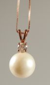 A 9CT ROSE GOLD LARGE CULTURED PEARL AND DIAMOND NECKLACE, boxed. RBC diamond 0.23ct.
