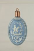 A WEDGWOOD BLUE AND WHITE JASPER WARE SCENT BOTTLE.