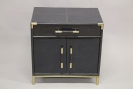 A GOOD BLUE LEATHER CHEST with long drawer, with panel doors below. 2ft long x 1ft 4ins deep x 2ft