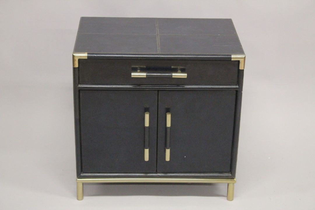 A GOOD BLUE LEATHER CHEST with long drawer, with panel doors below. 2ft long x 1ft 4ins deep x 2ft - Image 1 of 2