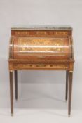 A LOUIS XVITH STYLE INLAID CYLINDER BUREAU on tapering legs. 4ft high x 2ft 9ins wide.