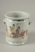 A CHINESE CIRCULAR PORCELAIN BRUSH POT painted with figures. 16cms high.