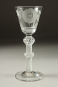 A SUPERB JACOBITE WINE GLASS, the bowl engraved with roses 