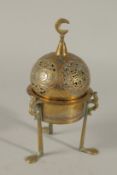 A 19TH CENTURY DAMASCUS MAMLUK REVIVAL SILVER INLAID BRASS DOMED INCENSE BURNER, 22cm high.