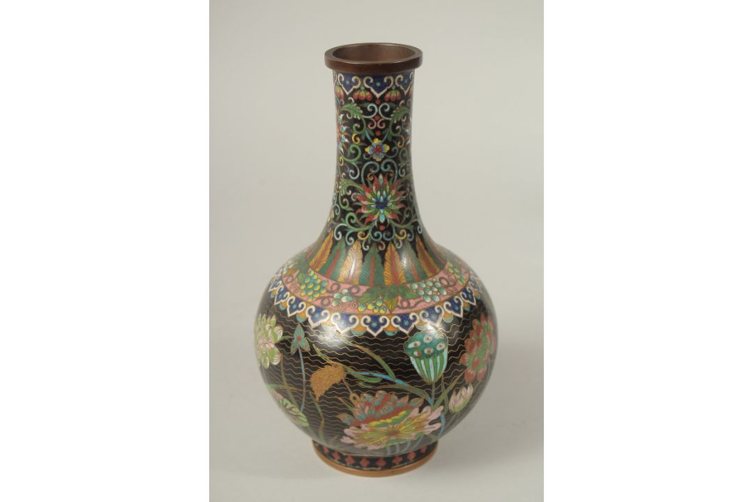 A CHINESE BLACK GROUND CLOISONNE FLORAL VASE, 25cm high. - Image 2 of 6