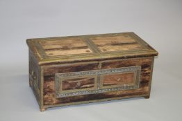 AN ANTIQUE ISLAMIC BRASS MOUNTED WOODEN STORAGE CHEST, 91cm wide, 46cm deep, 40.5cm high.