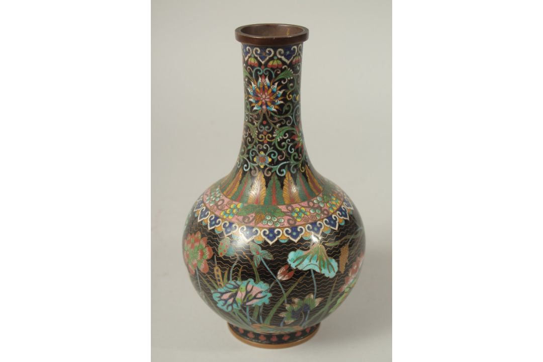A CHINESE BLACK GROUND CLOISONNE FLORAL VASE, 25cm high. - Image 1 of 6