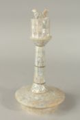 AN INDIAN GOA MOTHER OF PEARL CANDLE HOLDER, 32cm high.