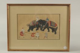 A FINE 19TH CENTURY INDIAN MINIATURE PAINTING, depicting an elephant fight, framed and glazed, image