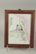A VINTAGE JAPANESE PORCELAIN TILE DEPICTING FEMALE MUSICIANS, inset within a cherry wood frame, 36cm