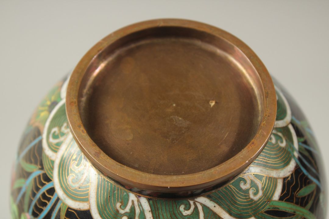 A CHINESE BLACK GROUND CLOISONNE FLORAL VASE, 25cm high. - Image 6 of 6