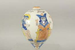 A TURKISH OTTOMAN ARMENIAN GLAZED POTTERY HANGING BALL, 16cm high.