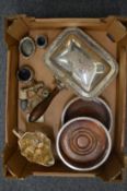 A pair of plated decanter coasters, chafing dish and other items.