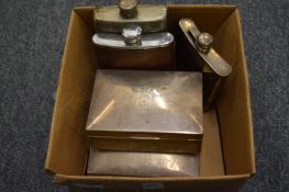 Two silver cigarette boxes and three hip flasks.