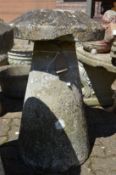 A good large staddle stone with tapering circular column support.