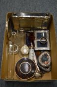 A group of small silver items to include trinket box, cut glass dressing table jars, desk calendar