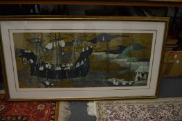 A large Japanese contemporary print with gilt highlights together with two other Japanese prints.