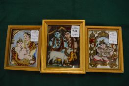 Three miniature Indian paintings on glass.