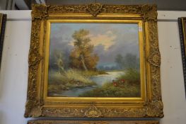 Rural river landscape with pheasants, oil on canvas, in a decorative gilt frame.