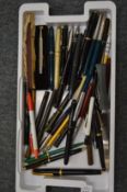 A collection of fountain pens, propelling pencils and related items.
