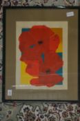 Limited Edition print depicting poppies and an unframed oil painting.