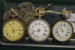 Three ladies silver and enamel fob watches.